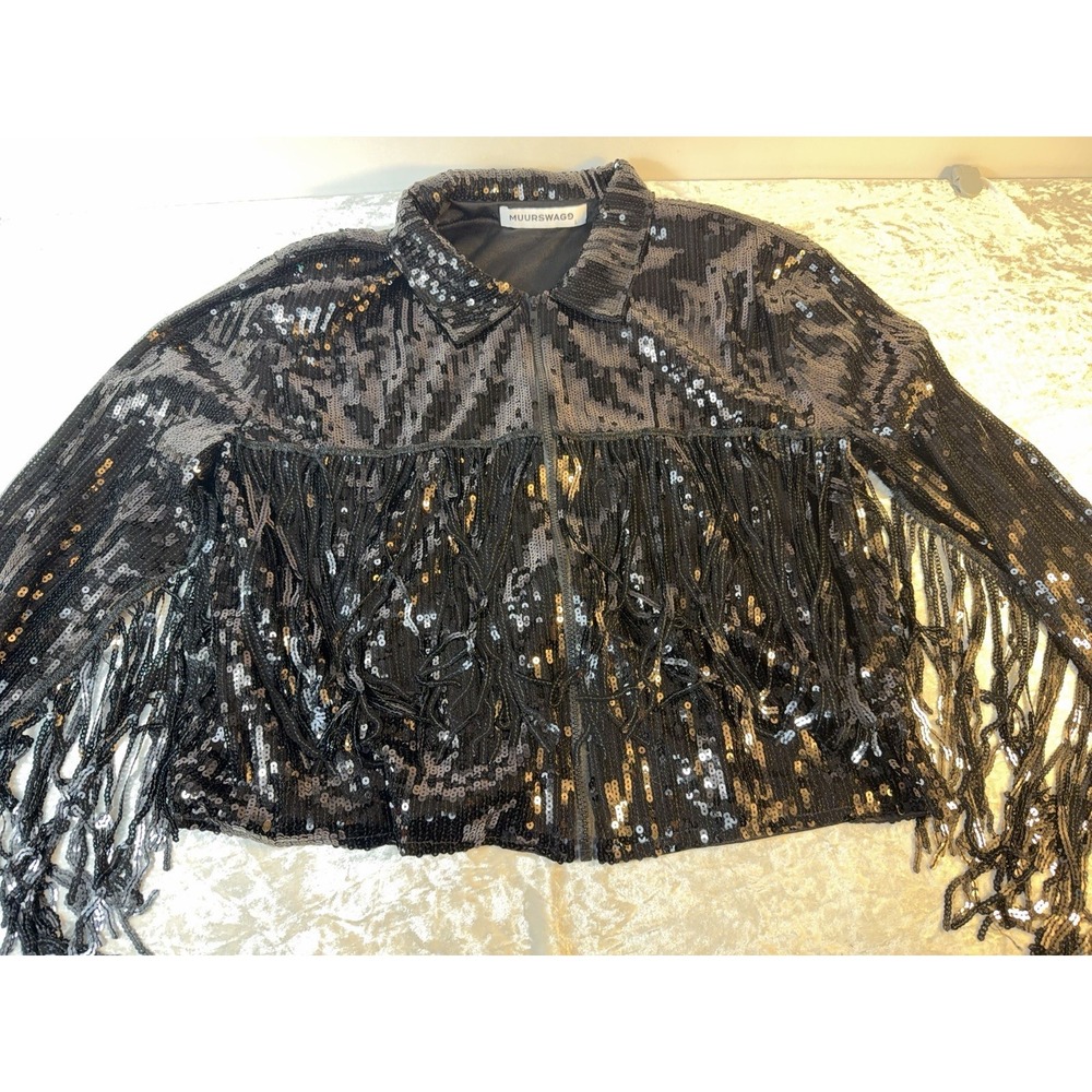 MUURSWAG Women's L Black Sequin Fringe Jacket Zip Front Western Festival